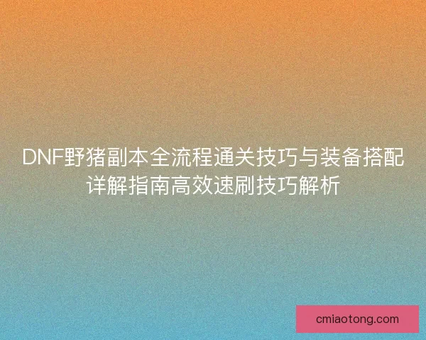DNF野猪副本全流程通关技巧与装备搭配详解指南高效速刷技巧解析